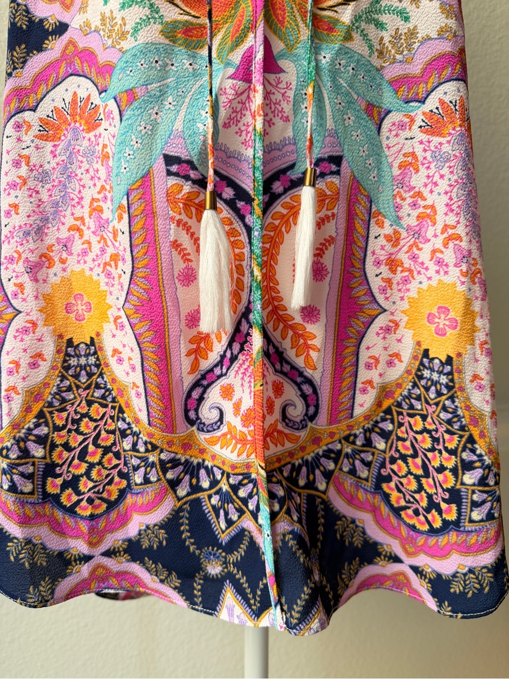 Rose + Olive Boho Paisley Border Print Tassel Tie Tank Top Large Resort Coastal - Picture 3 of 8